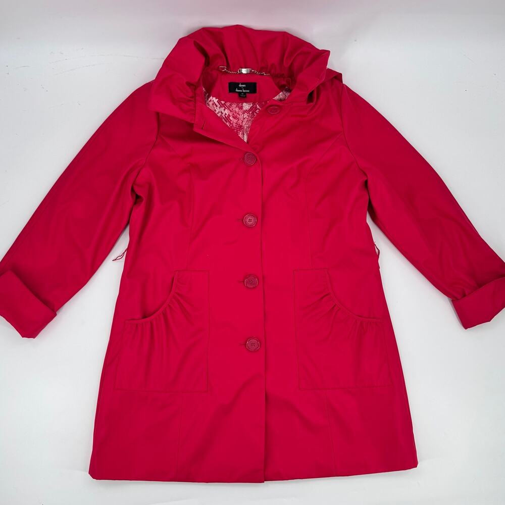 Dennis Basso Womens M Hot Pink Hooded Raincoat Trench Coat Snake Print Lined